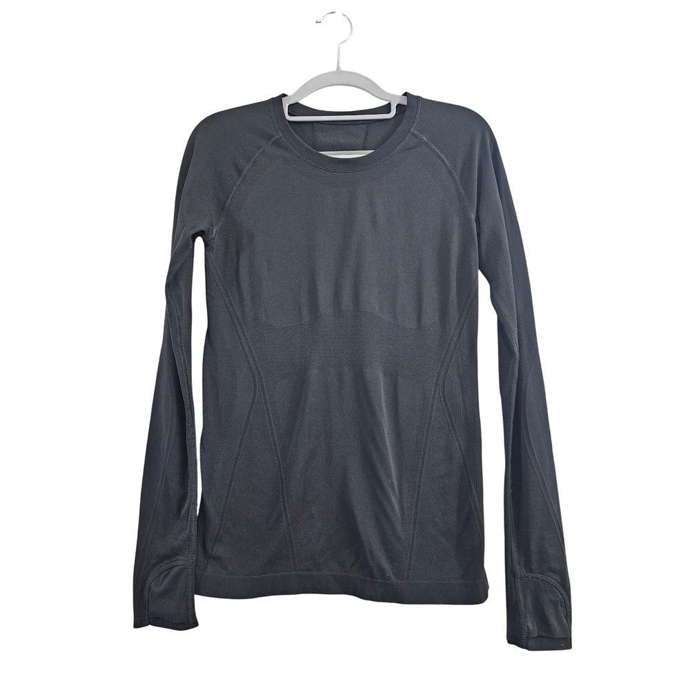 Lululemon Swiftly‎ Tech Long Sleeve Women 4 Black Solid Thumbholes Mesh Raglan